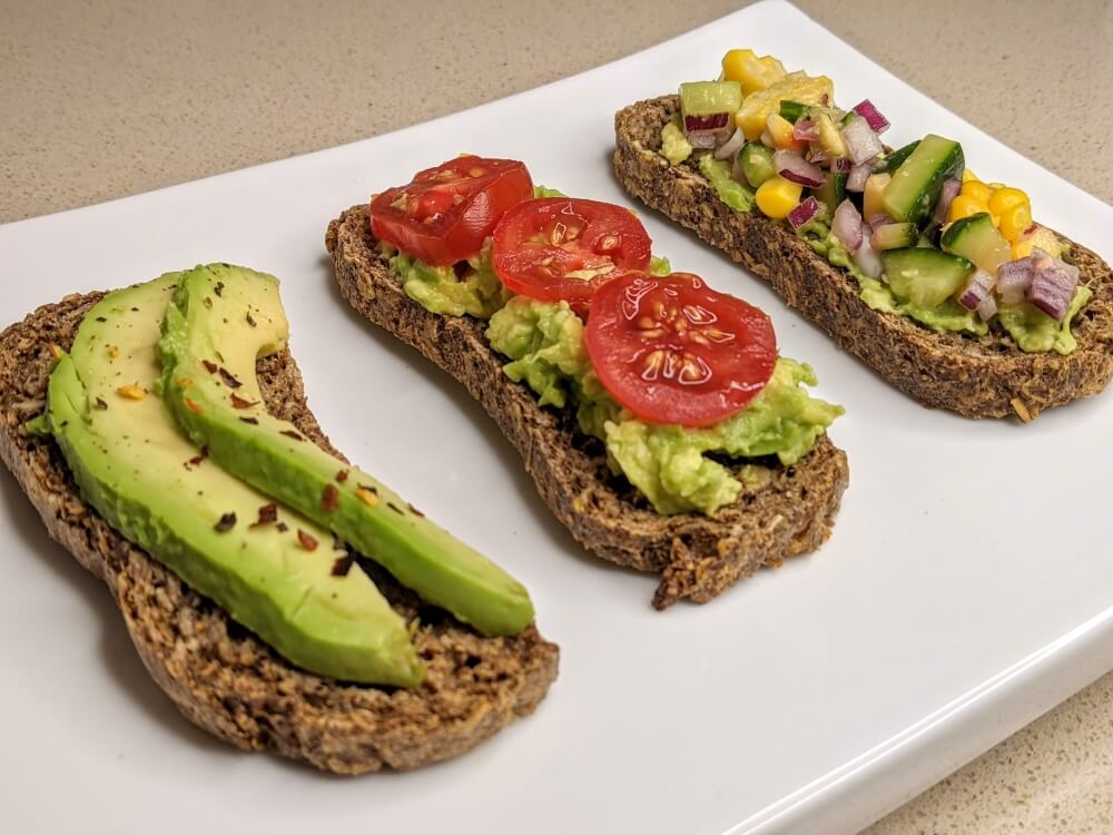 Easy 4-Ingredient oat bread recipe with 3 different toppings on 3 slices of bread - The Simple Healthy Hub